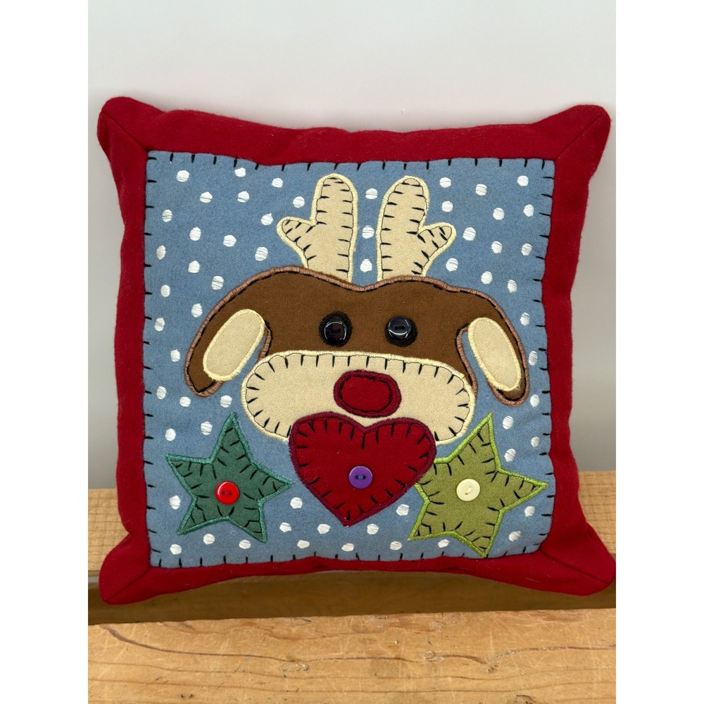 Handmade Reindeer Christmas Throw Pillow Red Blue Polka Dot Applique 12x12